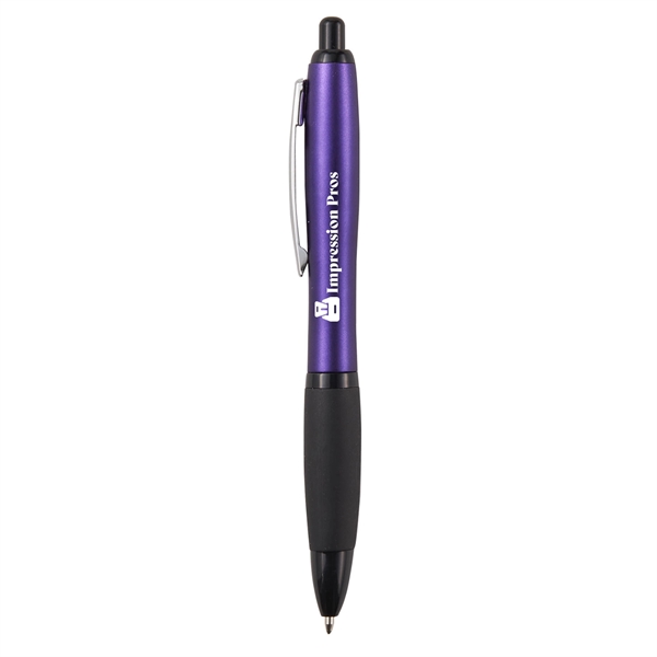 Retractable ballpoint pen with black soft rubber grip, metallic-colored barrel and... from ASI 52840 Evans Manufacturing
