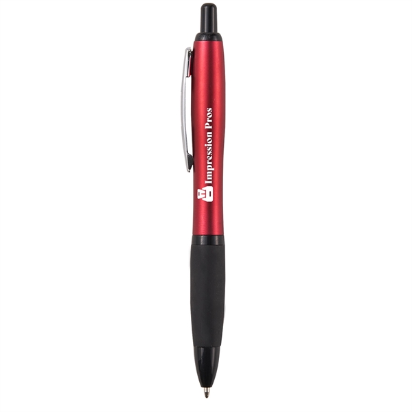 Retractable ballpoint pen with black soft rubber grip, metallic-colored barrel and... from ASI 52840 Evans Manufacturing