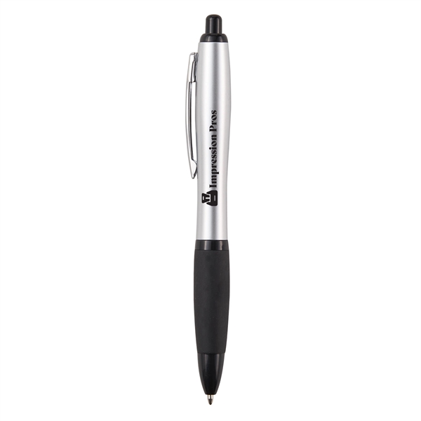 Retractable ballpoint pen with black soft rubber grip, metallic-colored barrel and... from ASI 52840 Evans Manufacturing