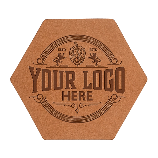 Custom Hexagon 100% Leather Coasters. 3.75" x 3.25" with a 3"... from ASI 75126 Oowee Products / OOWEE PRODUCTS