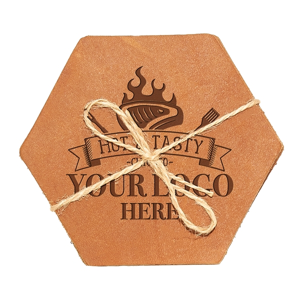 Custom Hexagon 100% Leather Coasters. 3.75" x 3.25" with a 3"... from ASI 75126 Oowee Products / OOWEE PRODUCTS
