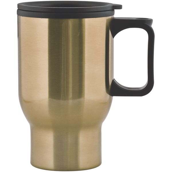 15 ounce stainless steel insulated mug with plastic liner, thumb-slide lid... from ASI 57653 Gold Bond
