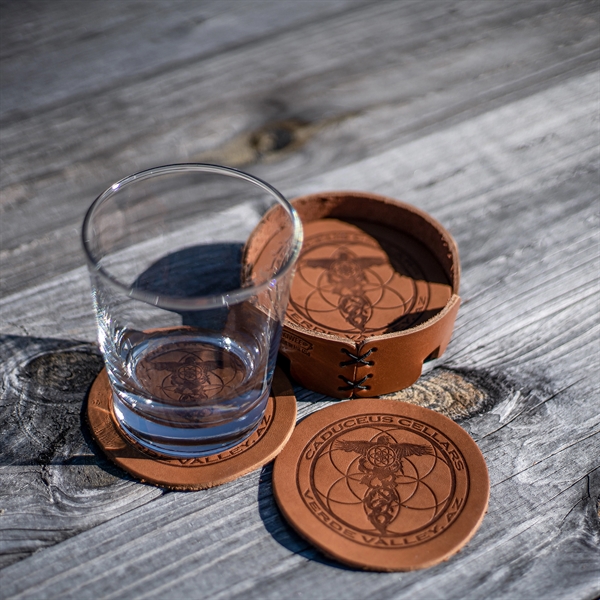 Custom Round Genuine Leather Coasters. 3.75" diameter with a 3" imprint... from ASI 75126 Oowee Products / OOWEE PRODUCTS