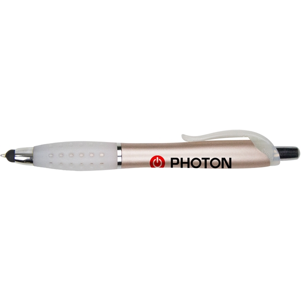 ABS plastic plunger-action pen with stylus tip, metallic barrel, chrome accents,... from ASI 57653 Gold Bond