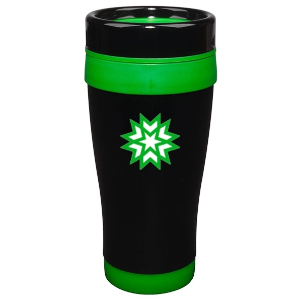 14 oz. stainless steel travel mug with black lid and green... from ASI 46573 Cooper & Clement Inc