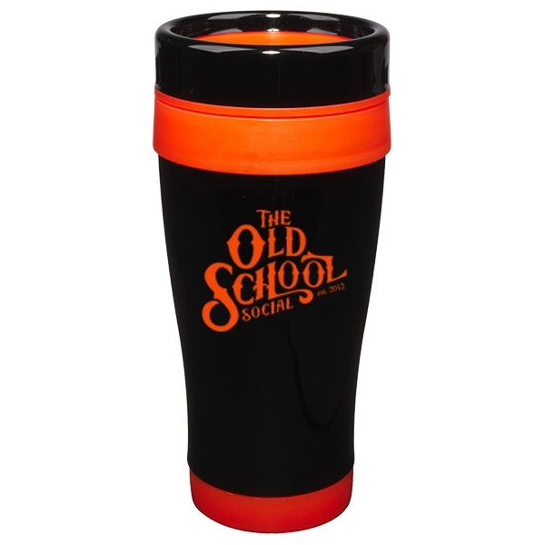 14 oz. stainless steel travel mug with black lid and orange... from ASI 46573 Cooper & Clement Inc