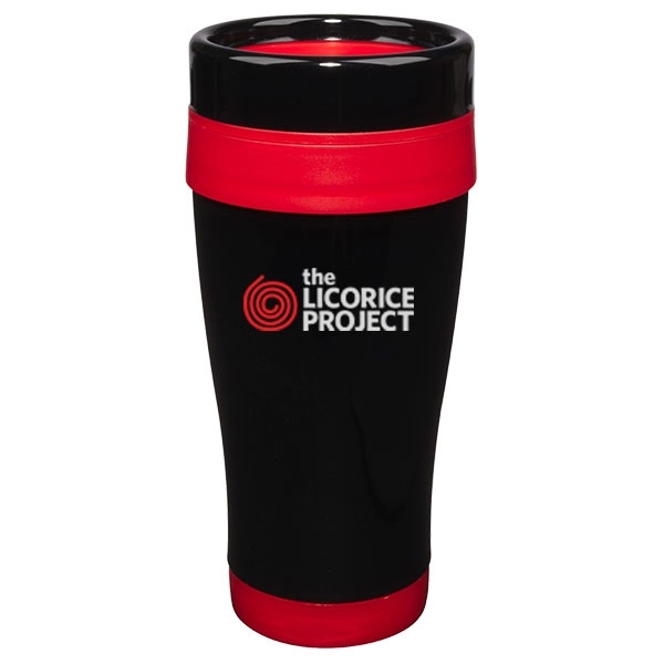 14 oz. stainless steel travel mug with black lid and red... from ASI 46573 Cooper & Clement Inc
