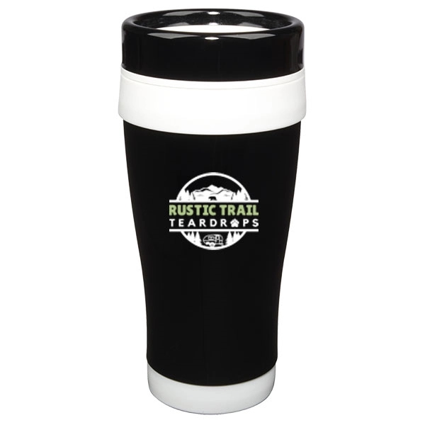 14 oz. stainless steel travel mug with black lid and white... from ASI 46573 Cooper & Clement Inc