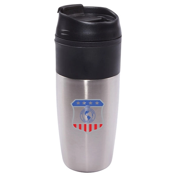 16 oz. stainless steel travel mug with black lid and flip... from ASI 46573 Cooper & Clement Inc