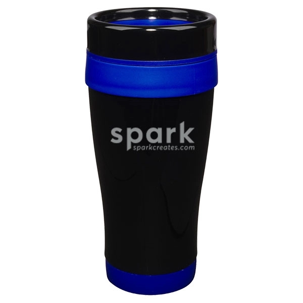 14 oz. stainless steel travel mug with black lid and blue... from ASI 46573 Cooper & Clement Inc