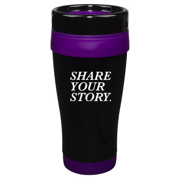 14 oz. stainless steel travel mug with black lid and purple... from ASI 46573 Cooper & Clement Inc