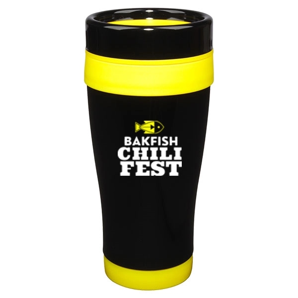 14 oz. stainless steel travel mug with black lid and yellow... from ASI 46573 Cooper & Clement Inc