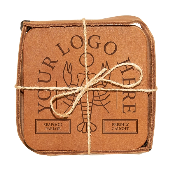 Square Full-Grain Leather Coaster Set with 4 Coasters holder & Gift... from ASI 75126 Oowee Products / OOWEE PRODUCTS