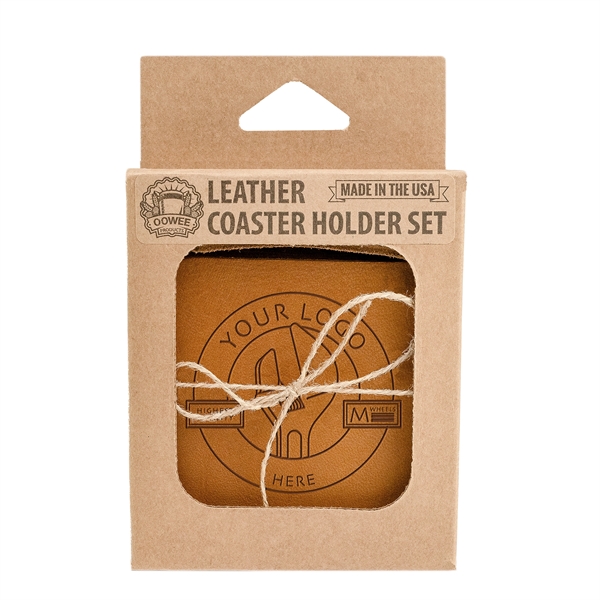 Square Full-Grain Leather Coaster Set with 4 Coasters holder & Gift... from ASI 75126 Oowee Products / OOWEE PRODUCTS
