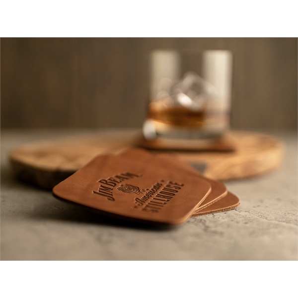 Square Full-Grain Leather Coaster Set with 4 Coasters holder & Gift... from ASI 75126 Oowee Products / OOWEE PRODUCTS