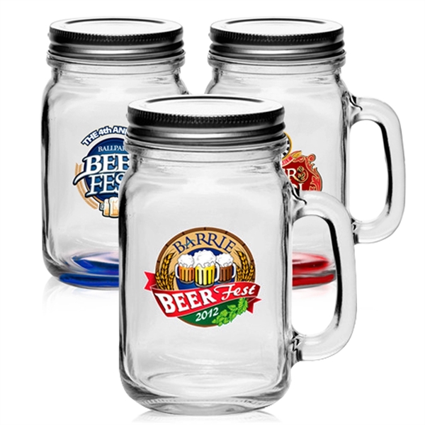 Clear glass Mason jar-style mug (16 oz.) with handle and lid,... from ASI 39552 BEL Promo