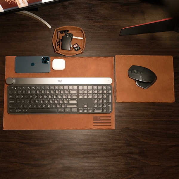 100% Full-Grain Leather 18" x 12" Desk Mat with a decorative... from ASI 75126 Oowee Products