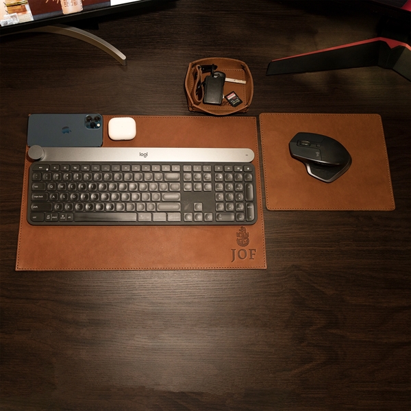 100% Full-Grain Leather 18" x 12" Desk Mat with a decorative... from ASI 75126 Oowee Products