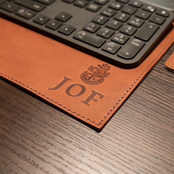 100% Full-Grain Leather 18" x 12" Desk Mat with a decorative... from ASI 75126 Oowee Products