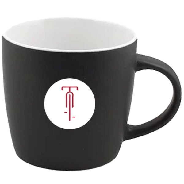 12 oz. ceramic mug with handle, matte black exterior and white... from ASI 46573 Cooper & Clement Inc