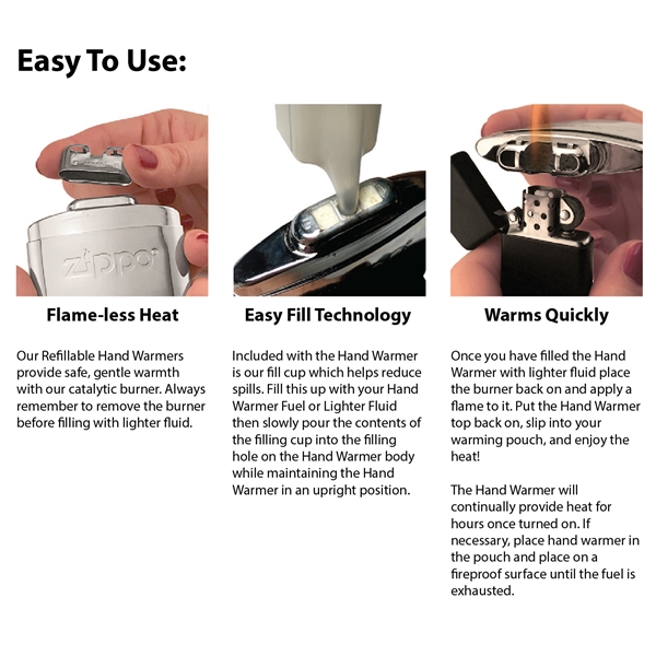 Keep toasty wherever you go with Zippo refillable handwarmers. Dependable pocket-sized... from ASI 46170 Compass Industries Inc