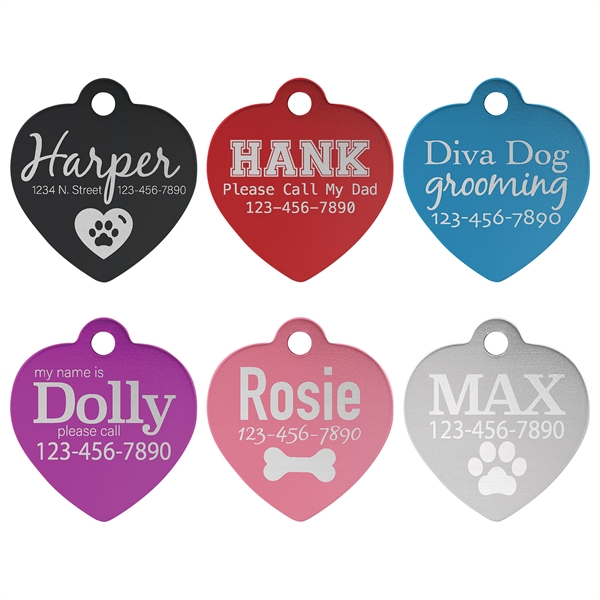 Anodized aluminum pet tag with heart shape; measures 1" with engraving.... from ASI 92531 Unique Custom Products / UCP