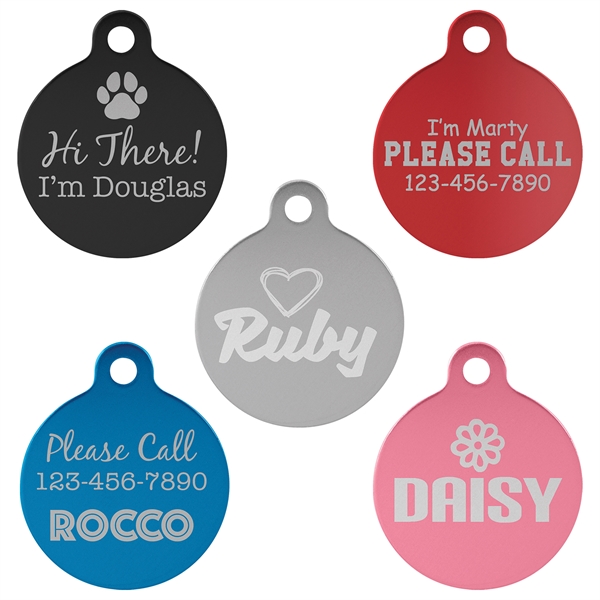 Anodized aluminum pet tag with round shape; measures 1.25" with engraving.... from ASI 92531 Unique Custom Products / UCP