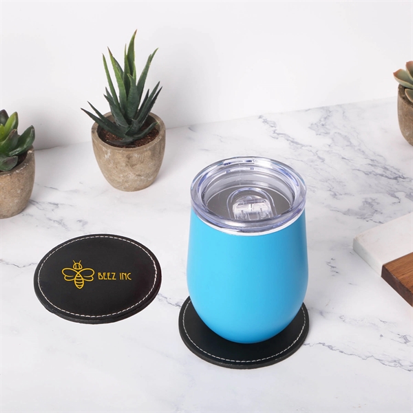 Black bonded leather coaster with high contrasting white stitching & velvet... from ASI 61966 HPG / Beacon Promotions HPG Gold