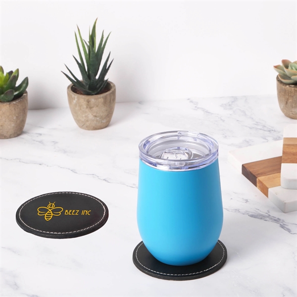 Black bonded leather coaster with high contrasting white stitching & velvet... from ASI 61966 HPG / Beacon Promotions HPG Gold