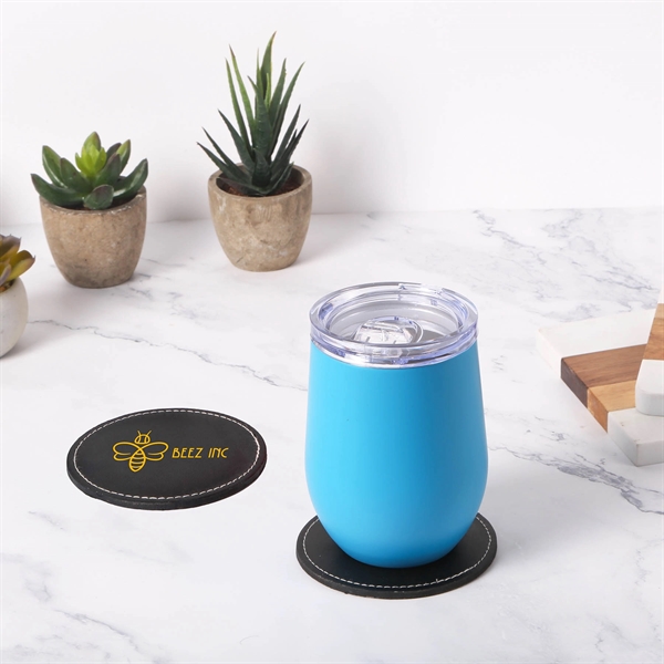 Black bonded leather coaster with high contrasting white stitching & velvet... from ASI 61966 HPG / Beacon Promotions HPG Gold