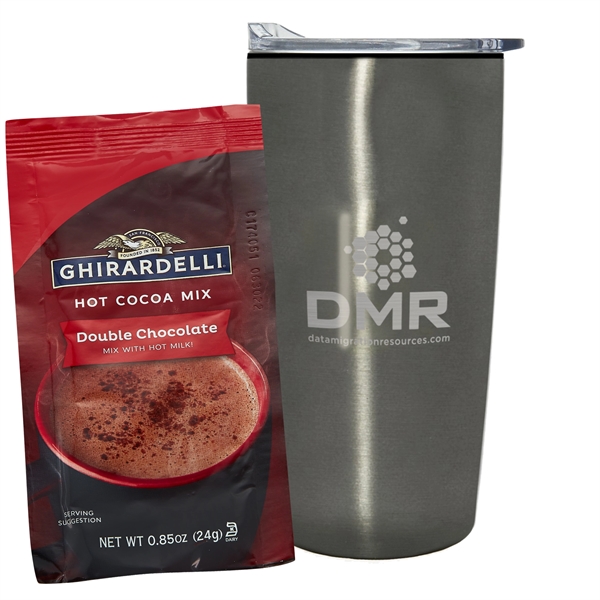 20 oz stainless steel straight tumbler with plastic liner and Ghirardelli... from ASI 71685 Midnite Snax® / Promo Revolution