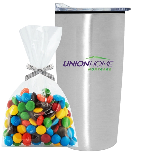 20 oz stainless steel straight tumbler with plastic liner and M&M's... from ASI 71685 Midnite Snax® / Promo Revolution