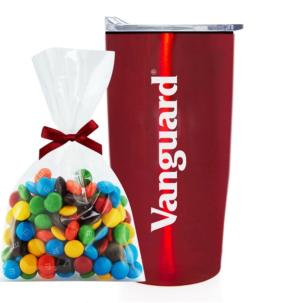 20 oz stainless steel straight tumbler with plastic liner and M&M's... from ASI 71685 Midnite Snax® / Promo Revolution
