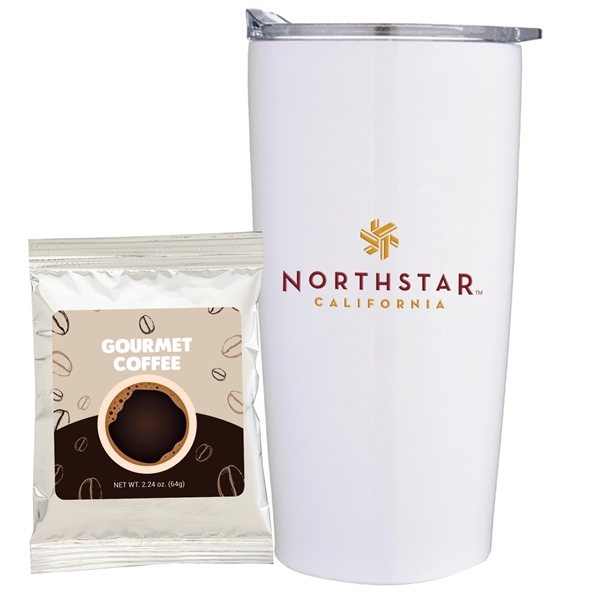 20 oz Stainless steel straight tumbler with gourmet coffee packet.... from ASI 71685 Midnite Snax® / Promo Revolution