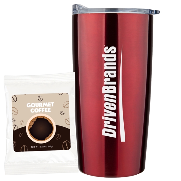 20 oz Stainless steel straight tumbler with gourmet coffee packet.... from ASI 71685 Midnite Snax® / Promo Revolution