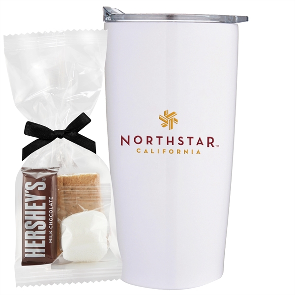 20 oz stainless steel straight tumbler with S'mores Kit Mug Stuffer.... from ASI 71685 Midnite Snax® / Promo Revolution