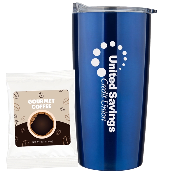 20 oz Stainless steel straight tumbler with gourmet coffee packet.... from ASI 71685 Midnite Snax® / Promo Revolution