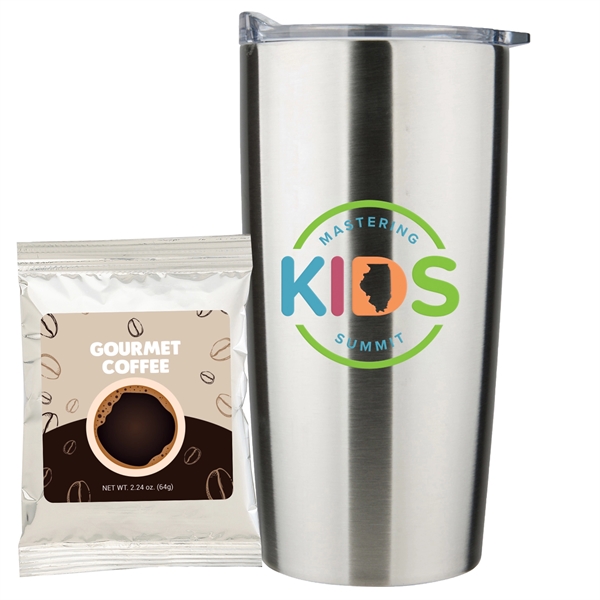 20 oz Stainless steel straight tumbler with gourmet coffee packet.... from ASI 71685 Midnite Snax® / Promo Revolution