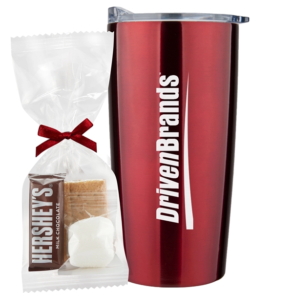 20 oz stainless steel straight tumbler with S'mores Kit Mug Stuffer.... from ASI 71685 Midnite Snax® / Promo Revolution