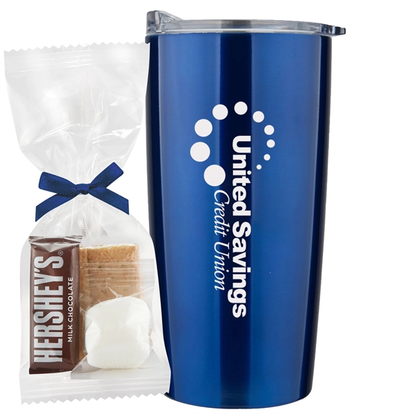 20 oz stainless steel straight tumbler with S'mores Kit Mug Stuffer.... from ASI 71685 Midnite Snax® / Promo Revolution