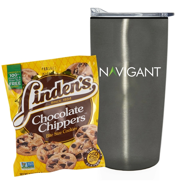 20 oz stainless steel straight tumbler with plastic liner and Linden's... from ASI 71685 Midnite Snax® / Promo Revolution