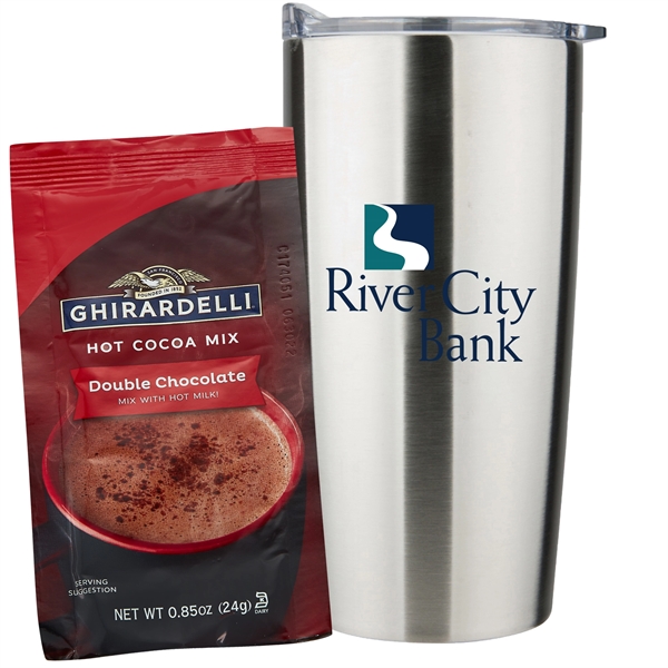 20 oz stainless steel straight tumbler with Ghirardelli Double Chocolate Hot... from ASI 71685 Midnite Snax® / Promo Revolution