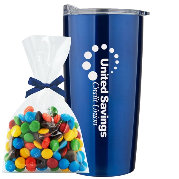 20 oz stainless steel straight tumbler with M&M's Mug Stuffer... from ASI 71685 Midnite Snax® / Promo Revolution