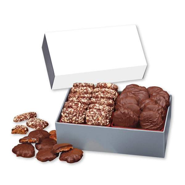Silver gift box with full-color sleeve filled with toffee and turtles.... from ASI 68680 Maple Ridge Farms Inc