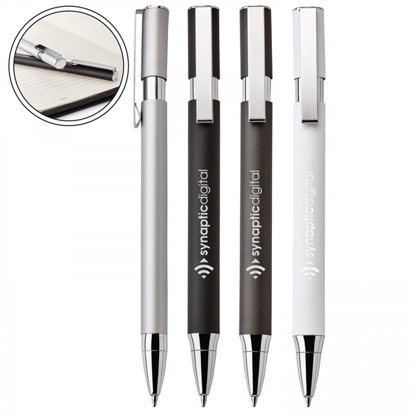 Aluminum push-action pen with oval shaped barrelPACKAGING P100 - Black suede... from ASI 88660 Spector & Co.
