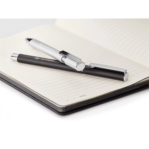 Aluminum push-action pen with oval shaped barrelPACKAGING P100 - Black suede... from ASI 88660 Spector & Co.