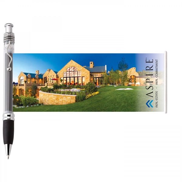 Plastic push-action pen with customized double-sided imprint on a retractable banner.... from ASI 88660 Spector & Co.