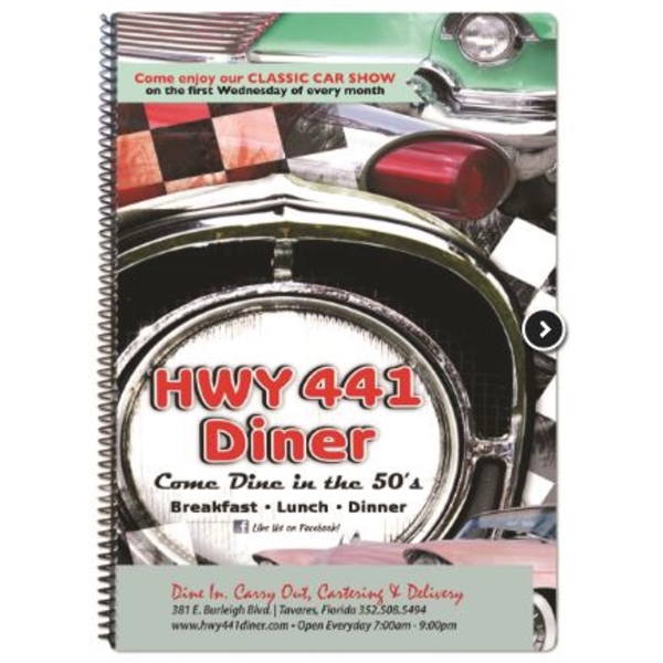 Large, high color process spiral bound menu.... from ASI 42393 Budgetcard Inc