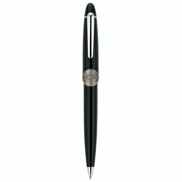 Twist action brass ballpoint pen with high-gloss black lacquered cap and... from ASI 67866 Logomark/Valumark