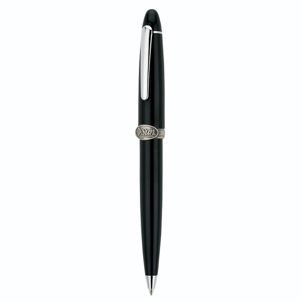 Twist action brass ballpoint pen with high-gloss black lacquered cap and... from ASI 67866 Logomark/Valumark